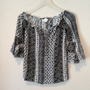Mirabilia Womens Black White Paisley Bell Sleeve Boho Peasant Top Made in USA L